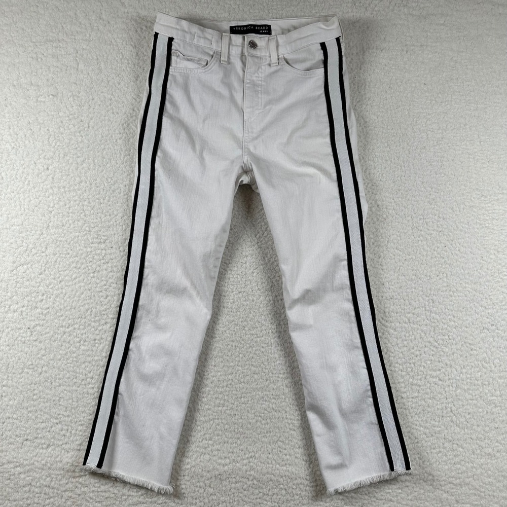 Veronica Beard Carly Kick Flare Cropped Jeans Women Tuxedo Stripe 26 White Black